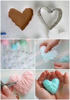 the process to make a heart out of yarn is shown in several different pictures, including one