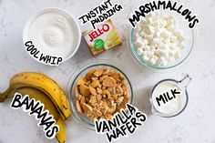 the ingredients to make this breakfast include bananas, milk, yogurt and marshmallows