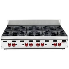 a stainless steel stove top with four burners and red knobs on the front