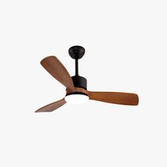 a ceiling fan with two wooden blades on the top and one light on the bottom