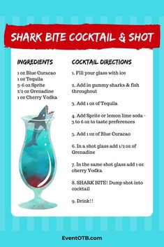 the shark bite cocktail recipe is shown with information about how to make it and what to drink