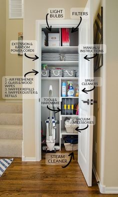 an organized pantry with labeled labels on the door and shelves in it for cleaning supplies