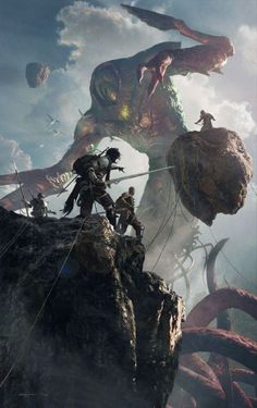 an image of some people on top of a giant monster in the sky with other creatures