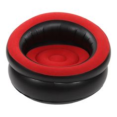 an inflatable dog bed is shown on a white background with red and black accents