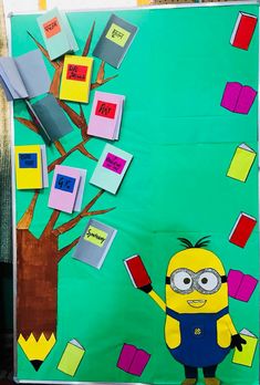 a bulletin board with cut out pieces of paper and an image of a minion holding a book