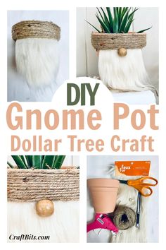 some potted plants and other things that are made out of rope with text overlay saying diy gnome pot dollar tree craft