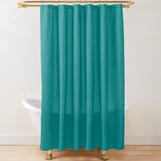 a blue shower curtain with an abstract design