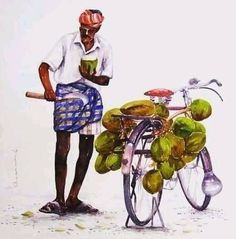 a painting of a man standing next to a bicycle with bananas on the front wheel