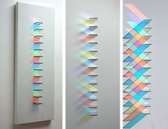 three different images of the same art work, each with colorful lines and shapes on them