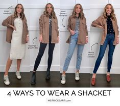 Styling A Shacket Casual, How To Style Shacket, How To Wear A Shacket With Jeans, How To Wear A Shacket, How To Style A Shacket, Styling A Shacket, Shaket Jacket Outfit, Shirt Jacket Outfit Women, Leather Shacket Outfit