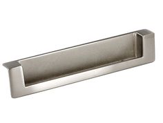 a stainless steel cabinet door handle on a white background