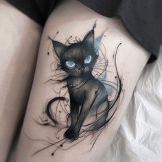 a black cat with blue eyes on the thigh