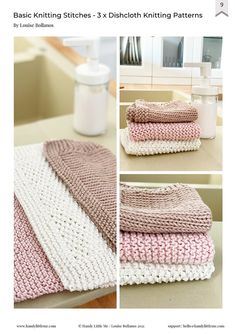 three photos showing different types of knitted blankets on a table with the same color and pattern