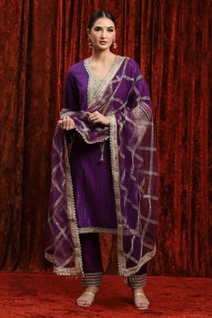 Purple kurta with gota, dori and badla embroidered placket and cuffs. Paired with a pant with gota embroidered panels and chequered pattern dupatta. - Aza Fashions Navratri Festive Unstitched Suit With Embroidered Border, Elegant Salwar Kameez With Embroidered Border For Traditional Ceremonies, Unstitched Navratri Suit With Embroidered Border, Embroidered Border Sharara For Traditional Ceremonies, Traditional Ceremonies Long Sleeve Sets With Mirror Work, Dola Silk Sharara With Embroidered Border For Traditional Ceremonies, Traditional Dola Silk Sharara With Embroidered Border, Long Sleeve Sharara With Embroidered Border For Festivals, Embroidered Border Dola Silk Sharara For Traditional Ceremonies