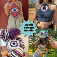 three pictures of different types of crocheted clothing and accessories with the caption outfit pattern bundle