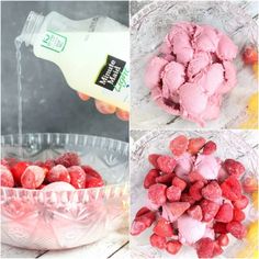 four pictures showing different stages of making ice cream with strawberries and raspberries