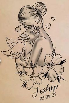 a drawing of a girl with flowers and hearts on her chest, holding an angel