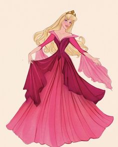 a drawing of a woman in a pink dress with long blonde hair wearing a tiara