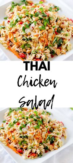 thai chicken salad on a white plate with the words thai chicken salad in black letters