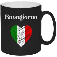 a black coffee mug with the italian flag painted on it