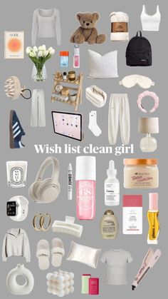 a bunch of items that are grouped together in the shape of a collage with words wish list clean girl