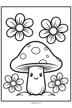 a mushroom with flowers in the background coloring pages for adults and children to print out