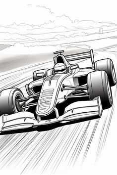 a black and white drawing of a race car driving down the track with motion blurs