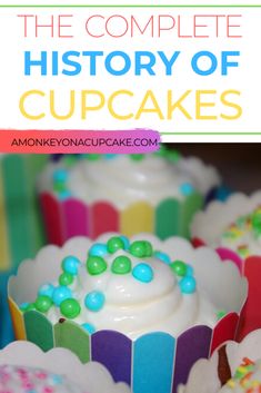 cupcakes with white frosting and colorful sprinkles on top are featured in the book, the complete history of cupcakes