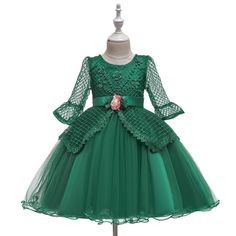 Girls' Dress Princess Dress Lace Half Sleeve Performance Clothes - PrettyKid Green Long Sleeve Princess Dress, Green Long Sleeve Dress For Dress-up, Fitted Long Sleeve Green Princess Dress, Green Long Sleeve Fitted Princess Dress, Green Fitted Long Sleeve Princess Dress, Kids Flower Girl Dresses, Trendy Toddler Clothes, Girls Princess Dress, Baby Girl Princess Dresses