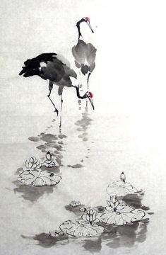 an ink painting of a crane and lily pads