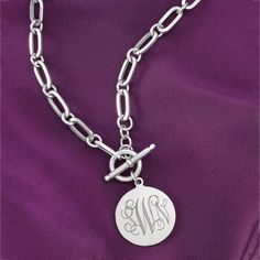 Ross-Simons - Monogram - Italian Silver Personalized Paper Clip Link Disc Toggle Necklace. 20". Modern and made for you, there's so much to love about this necklace. Polished sterling silver paper clip links behold a round disc that can be engraved for FREE with a monogram in block or script font. Claim your own or give it as a personalized gift to a loved one. Toggle clasp, sterling silver personalized paper clip link necklace. Silver Paper, Toggle Necklace, Script Font, Toggle Clasp, Link Necklace, Paper Clip, Silver Bracelet, Initials, Monogram