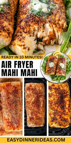 air fryer mahi mahi recipe with instructions on the side and images below