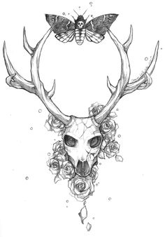 a drawing of a deer skull with flowers and butterflies on it's antlers