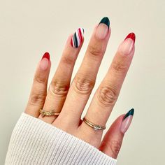 16. Stripes and Festive French Tips Christmas Nail Inspo Red And Green, Red And Green Candy Cane Nails, Red White And Green Christmas Nails, Christmas Red And Green Nails, Red And Green French Tip Nails, Green Christmas Nail Ideas, Red And Green Nails, Diy Christmas Nails