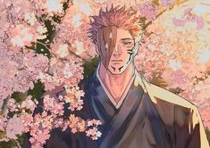 an anime character is standing in front of some pink and white flowers with his eyes closed