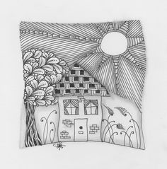 a drawing of a house with trees and birds in front of the sun on a white background