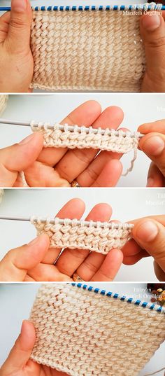 three pictures show how to crochet the stitches on an object with yarn and scissors