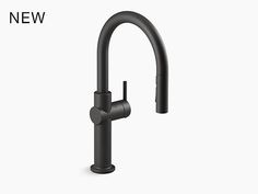 a black faucet on a white background with the words new written below it