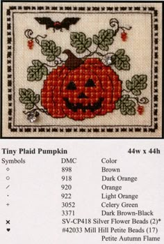 a cross stitch pattern with pumpkins and leaves on the front, and an image of a