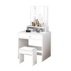 a white vanity with stool and mirror on the top shelf, in front of a white background