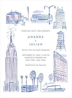 a blue and white save the date card with an image of cityscape on it