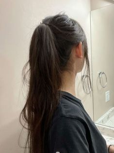 Aesthetic Hair Ponytail, Long Dark Ponytail, Long Brown Hair Ponytail Aesthetic, Dark Brown Hairstyles Long, Asian Hair Ponytail, Ponytail No Hair Tie, Brown Ponytail Aesthetic, Long Brown Ponytail, Long Brown Hair Ponytail