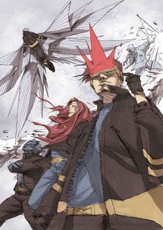 an anime character with red hair and a bird in the background, standing next to him