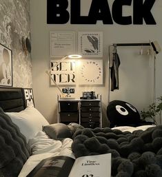 a bed room with a neatly made bed and a book on the side of it