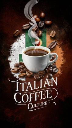 the italian coffee culture poster is designed to look like it's pouring out from a cup