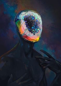 an abstract painting of a person's head and hands in front of a dark background