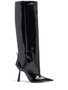 100mm Heel. Faux patent leather upper. Pull on. Leather lining and insole. Leather sole Gia Borghini, Leather Tall Boots, Versace Brand, Ski Accessories, Black Boots Tall, Tall Leather Boots, Fall 2023, Flat Espadrilles, Heeled Loafers