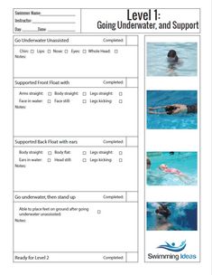 a swimming lesson sheet with instructions on how to use the water for swims and other activities