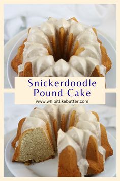 a bundt cake with white icing on a plate next to another bundt cake