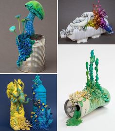 four different sculptures made out of cans and tin cans